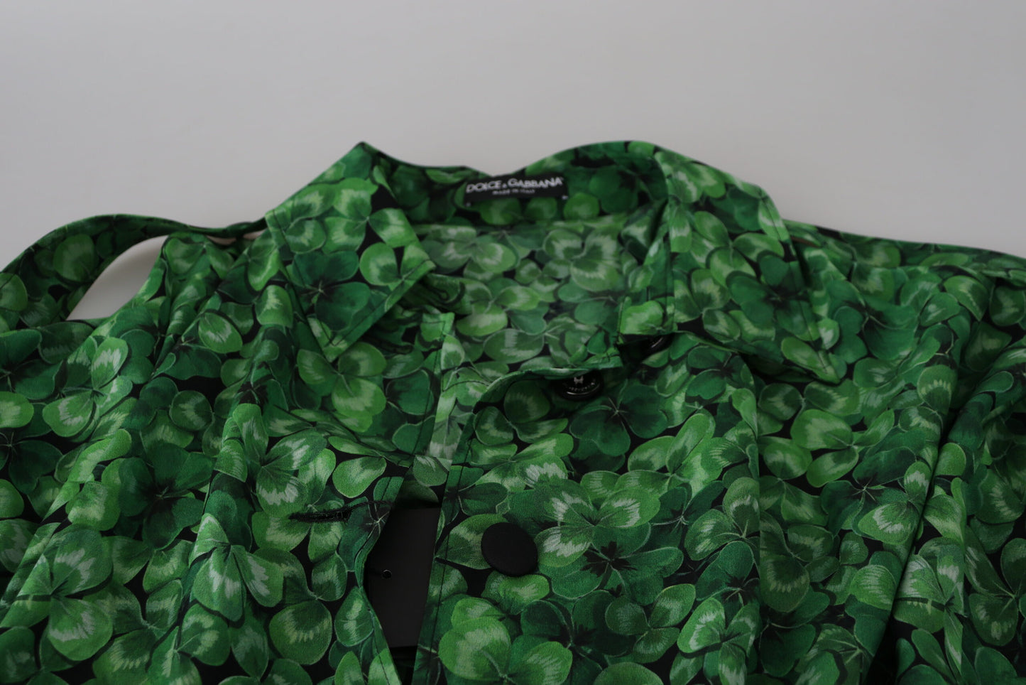 Silk Green Leaves Print Trench Jacket