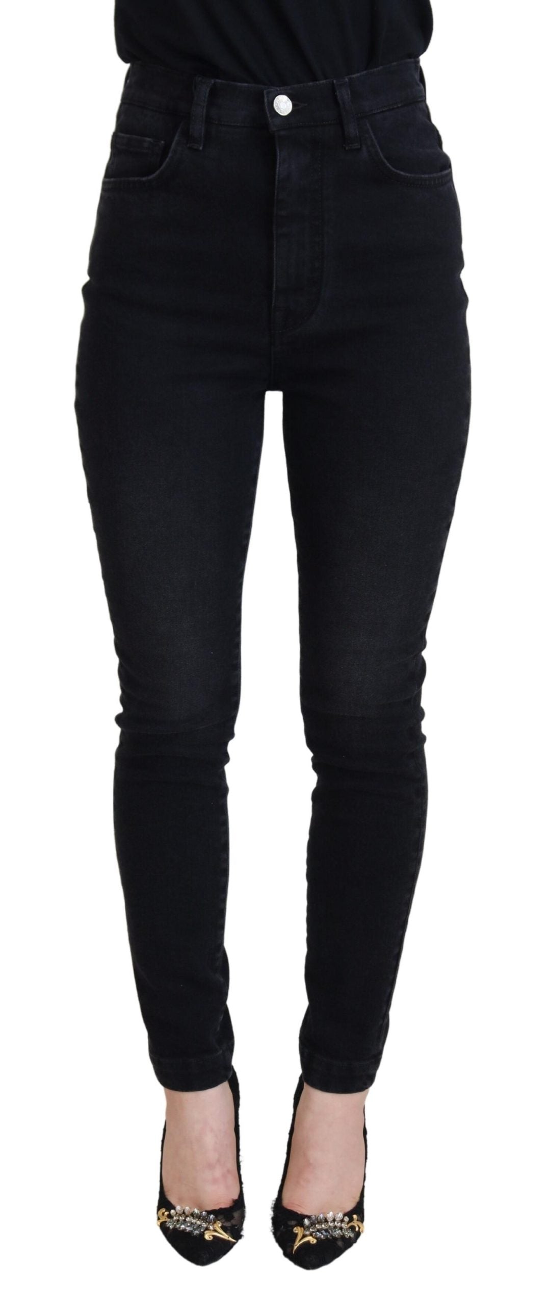 Black Washed Cotton High Waist Denim Jeans