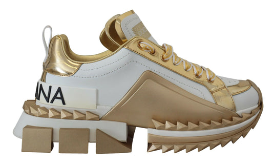 Chic White & Gold Leather Super Queen Sneakers