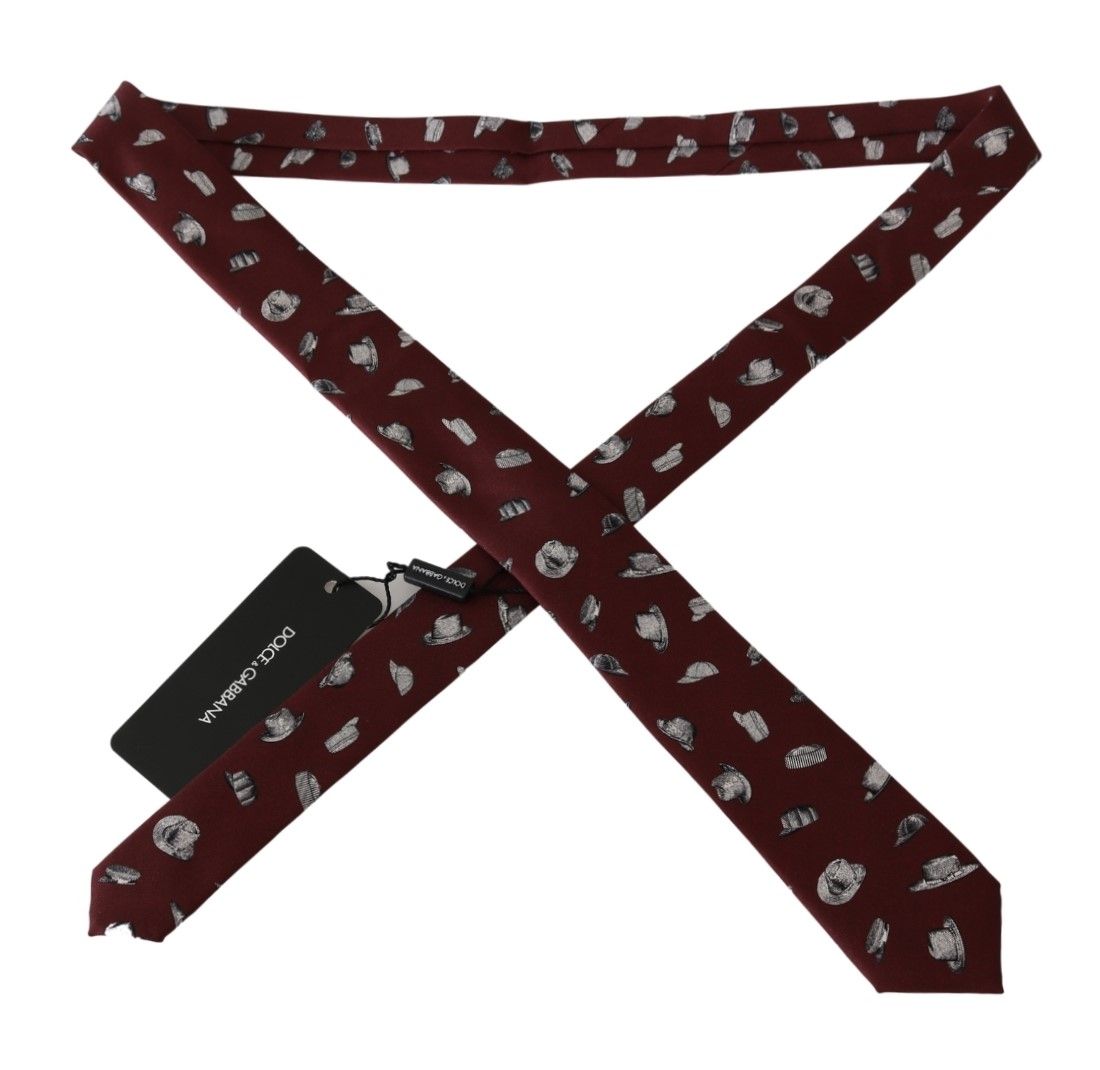 Elegant Silk Tie in Bordeaux with Unique Hat Print