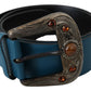 Elegant Blue Leather Belt with Crystal Buckle