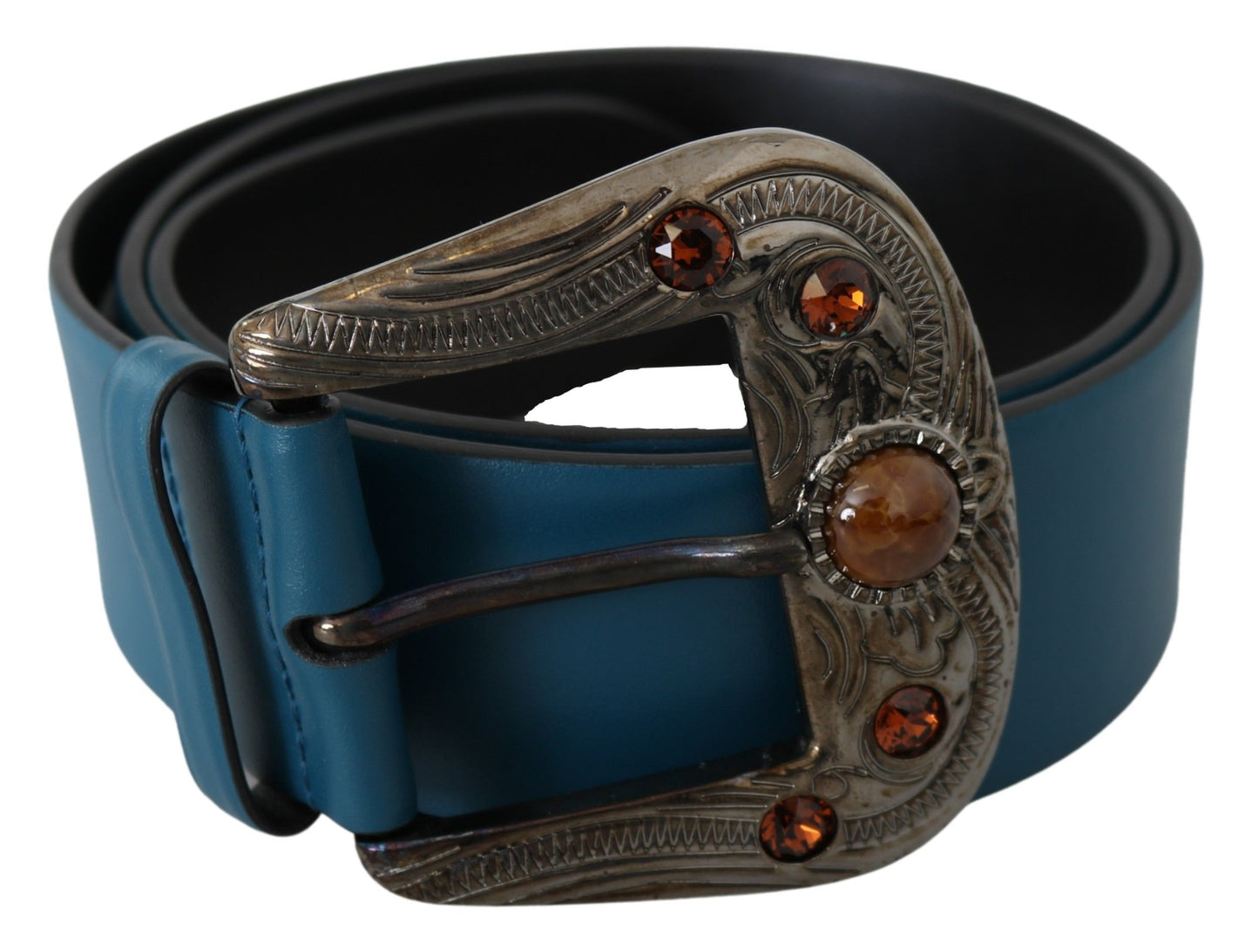 Elegant Blue Leather Belt with Crystal Buckle