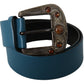 Elegant Blue Leather Belt with Crystal Buckle