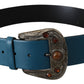 Elegant Blue Leather Belt with Crystal Buckle