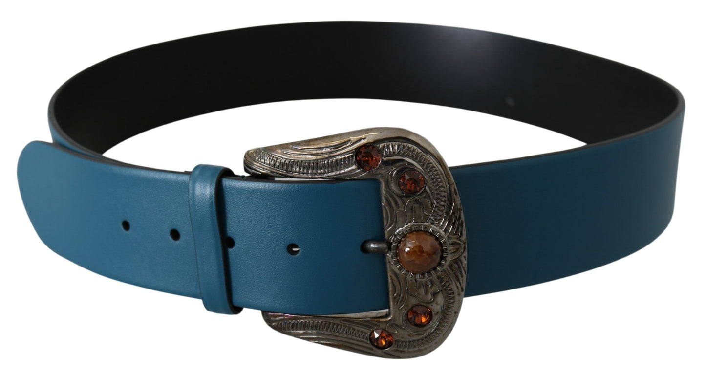 Elegant Blue Leather Belt with Crystal Buckle