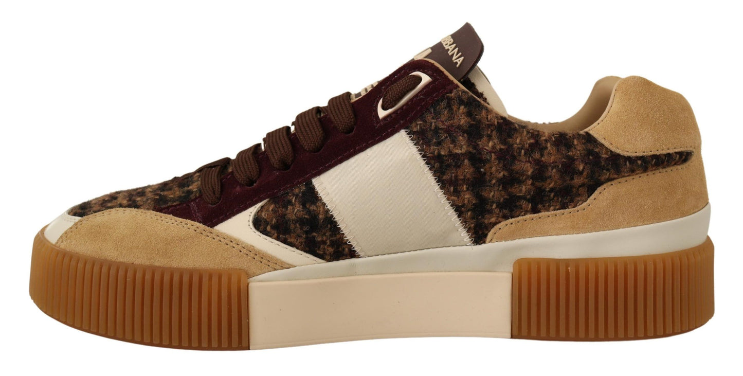 Elegant Brown Plaid Tweed Low Top Sneakers