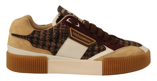 Elegant Brown Plaid Tweed Low Top Sneakers