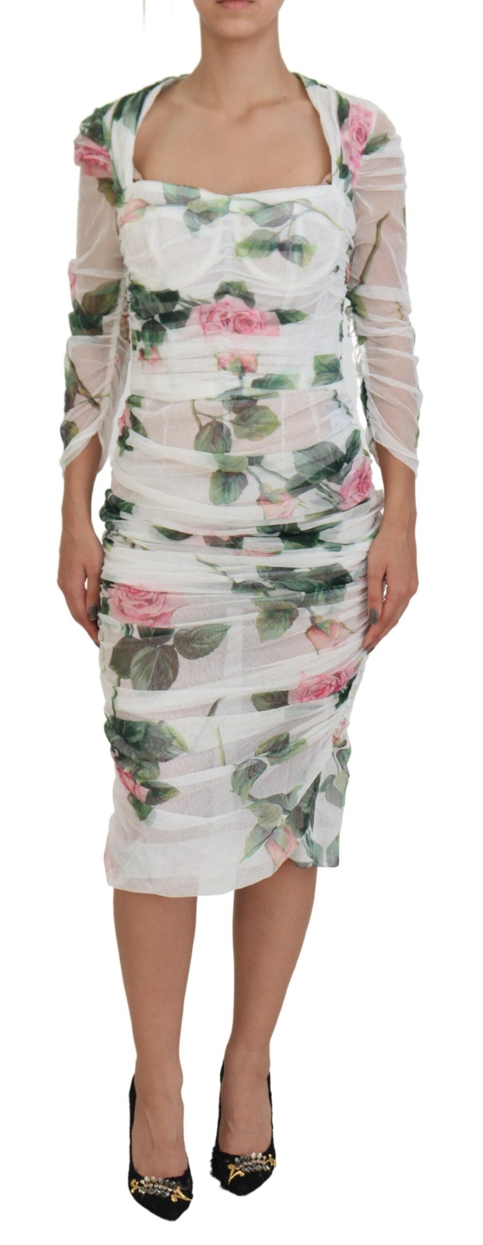 Elegant White Rose Print Midi Sheath Dress