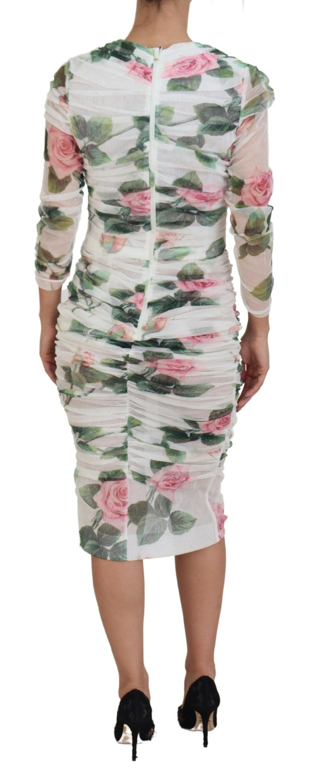 Elegant White Rose Print Midi Sheath Dress