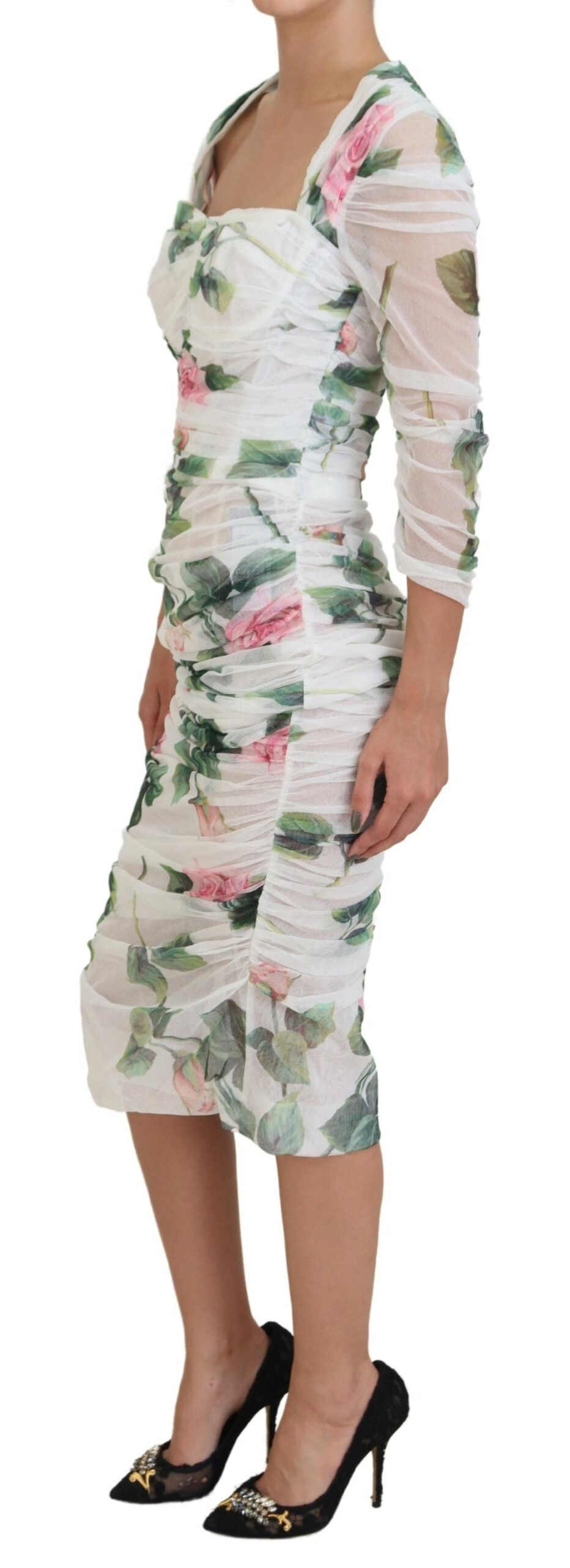 Elegant White Rose Print Midi Sheath Dress