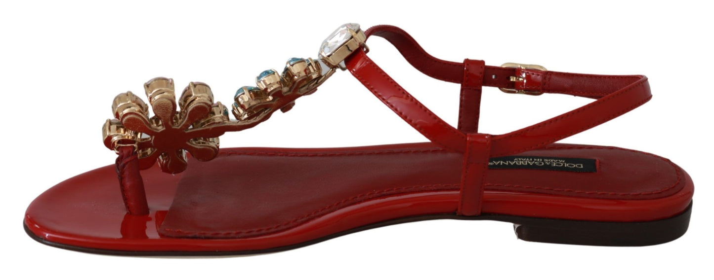 Iconic Red Leather Flats with Multicolor Crystals