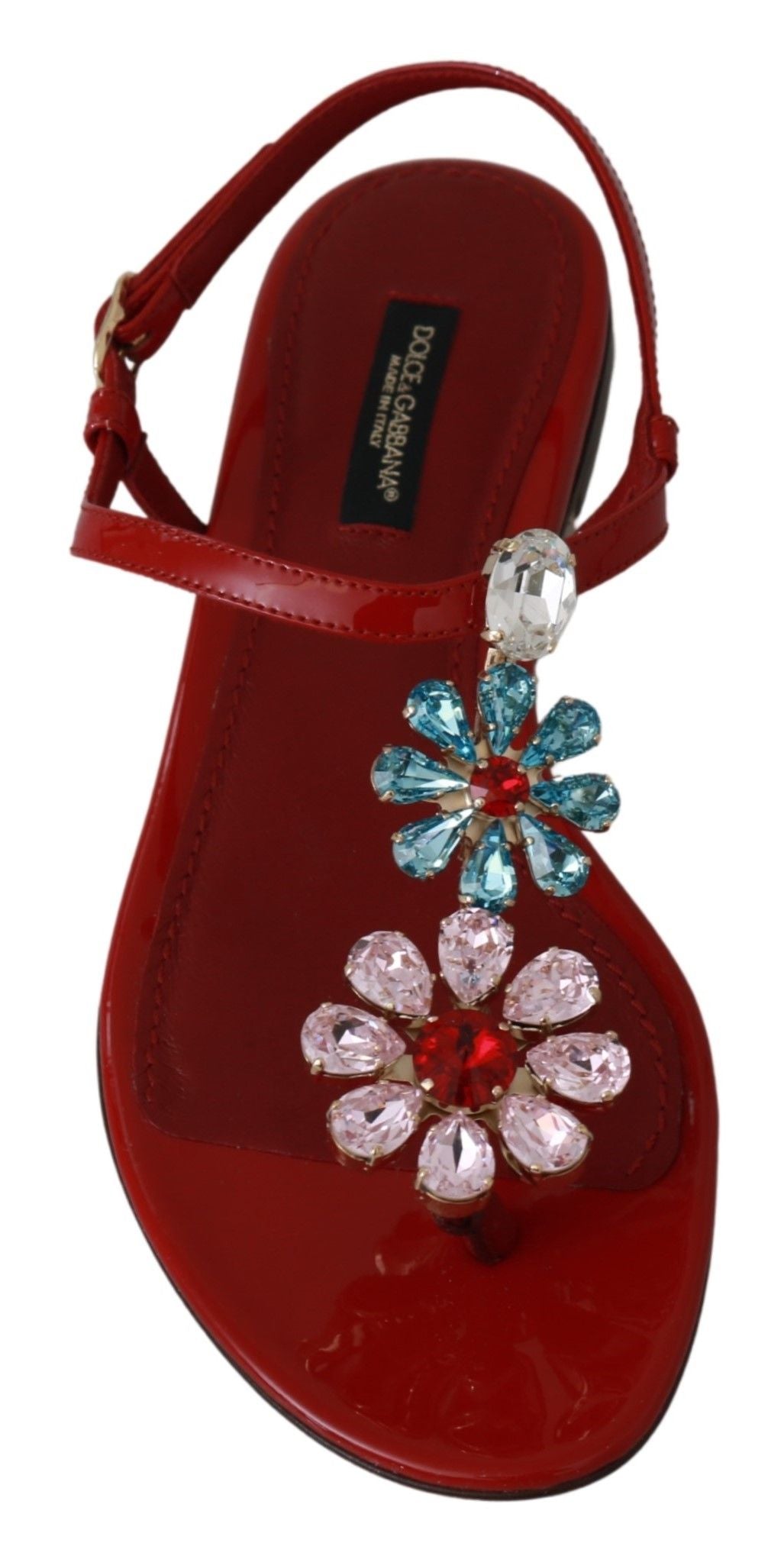 Iconic Red Leather Flats with Multicolor Crystals