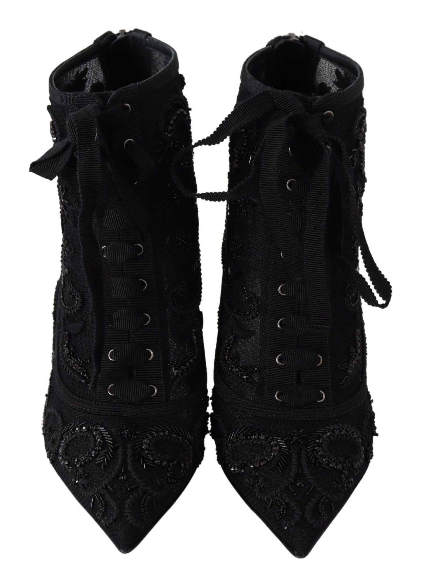 Elegant Black Tulle Lace-Up Boots