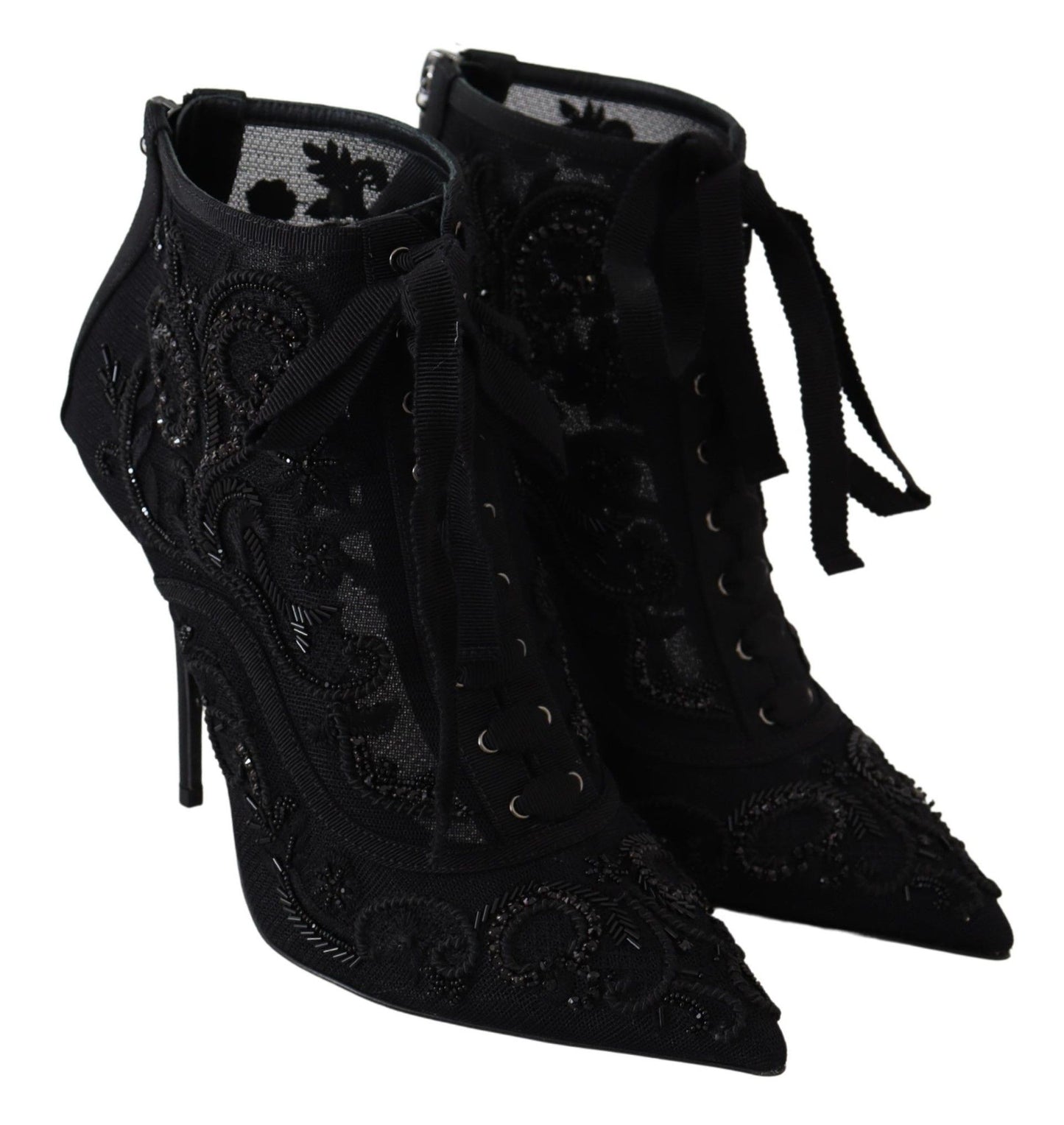 Elegant Black Tulle Lace-Up Boots