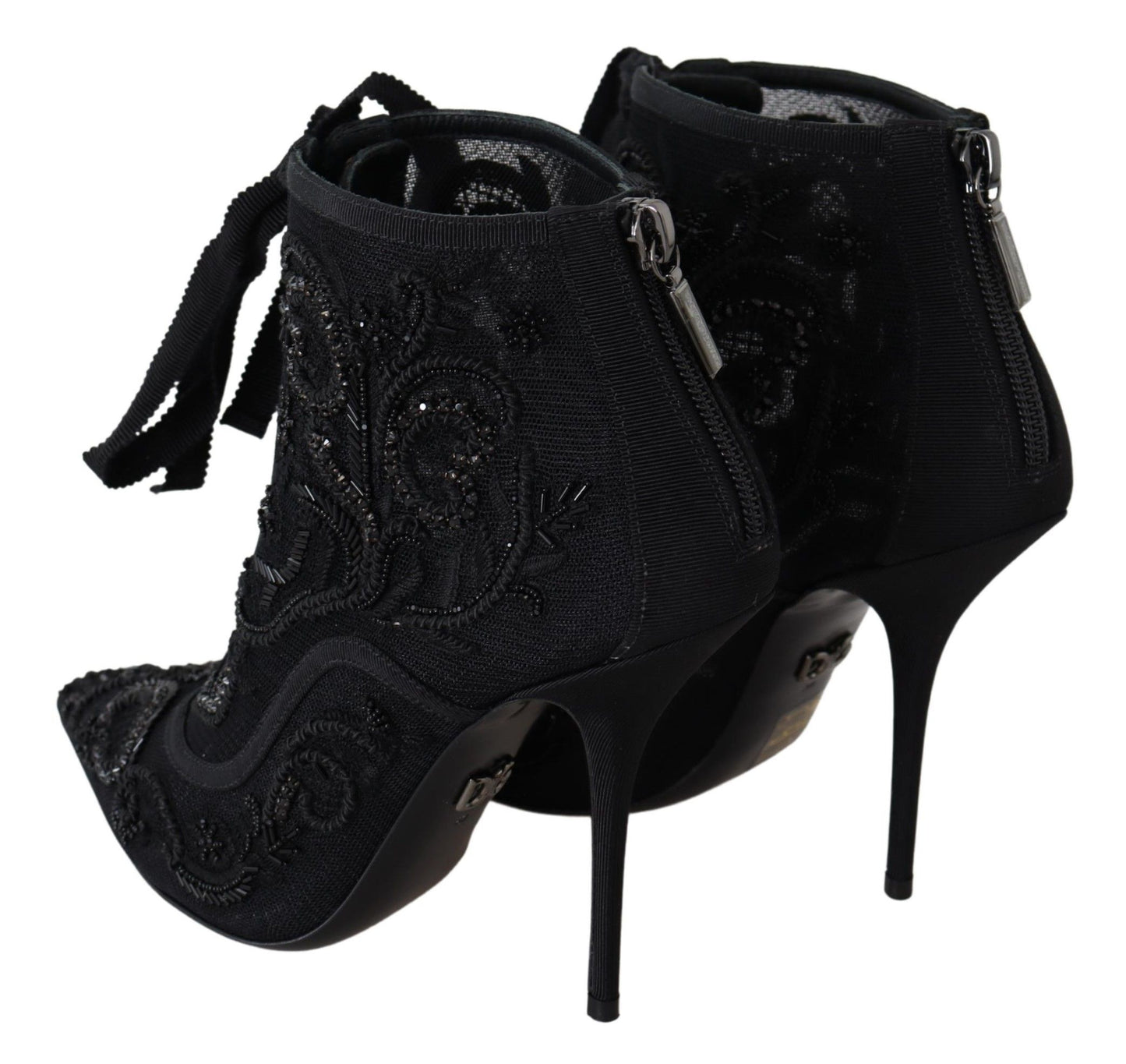 Elegant Black Tulle Lace-Up Boots