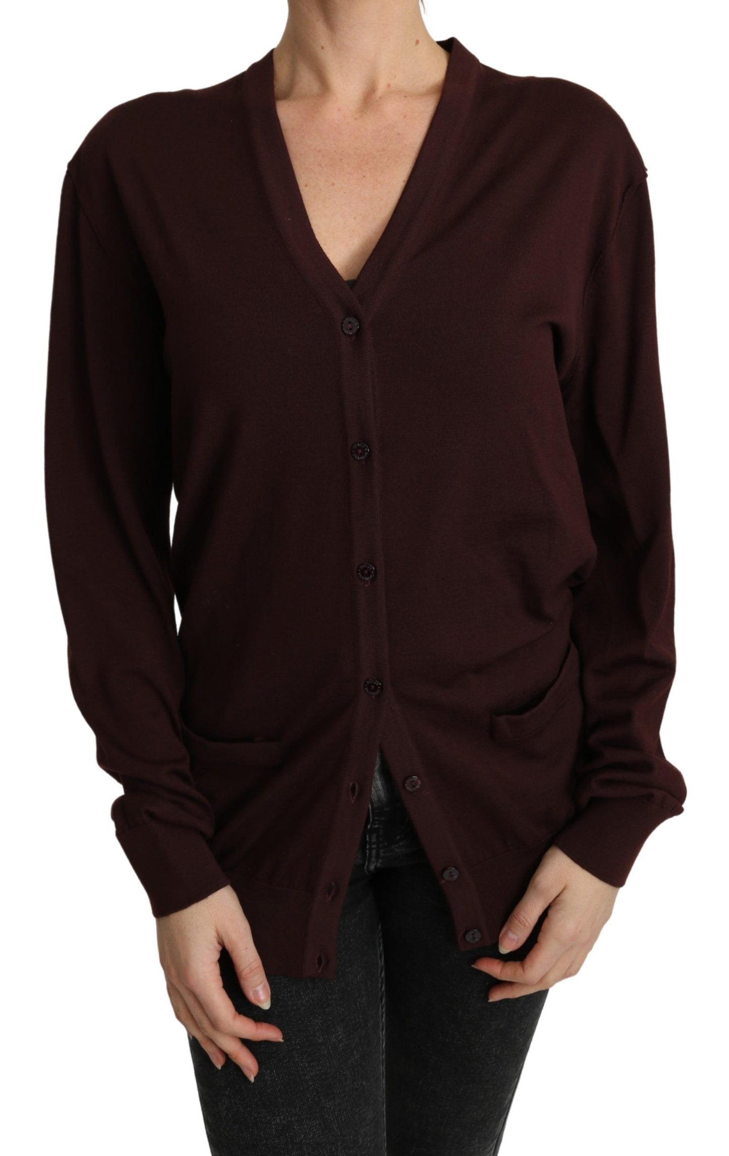 Elegant Maroon Virgin Wool Cardigan