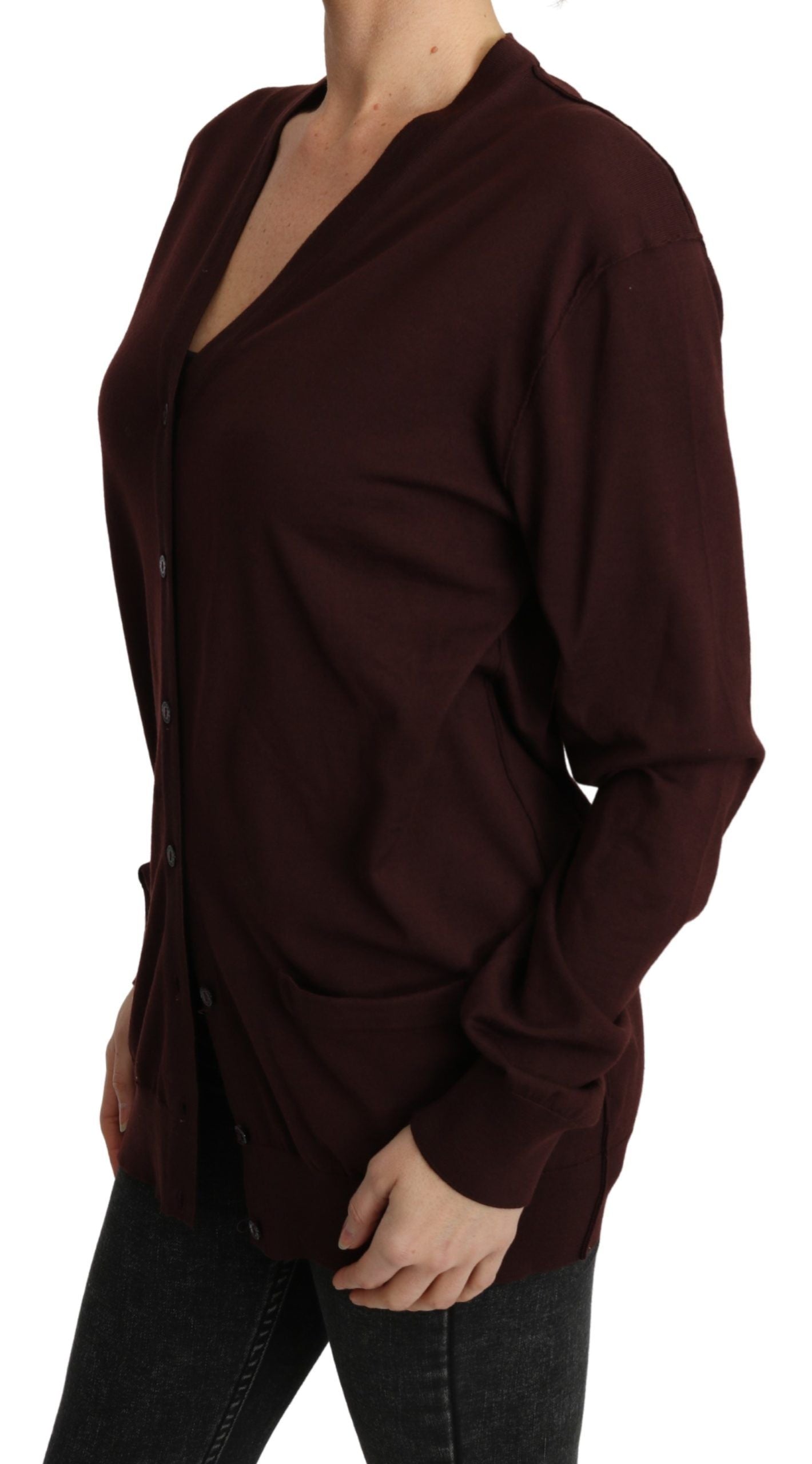 Elegant Maroon Virgin Wool Cardigan