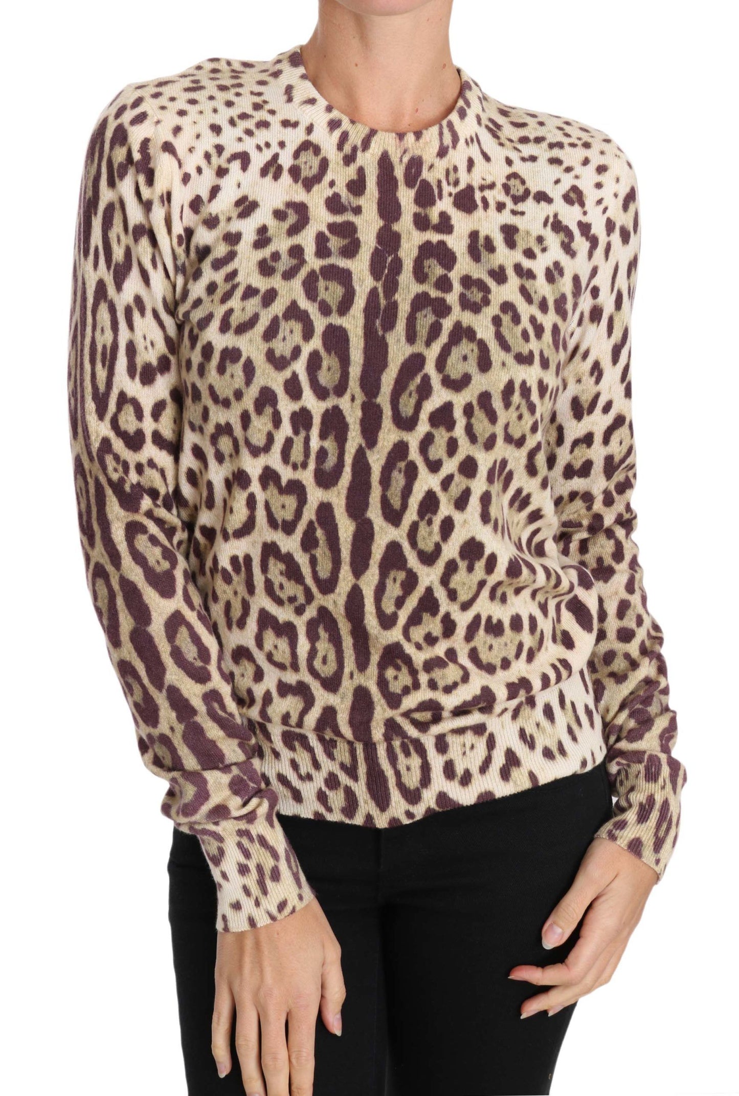 Elegant Leopard Print Crew Neck Cashmere Sweater