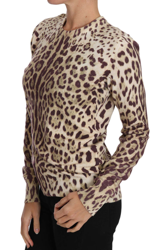 Elegant Leopard Print Crew Neck Cashmere Sweater