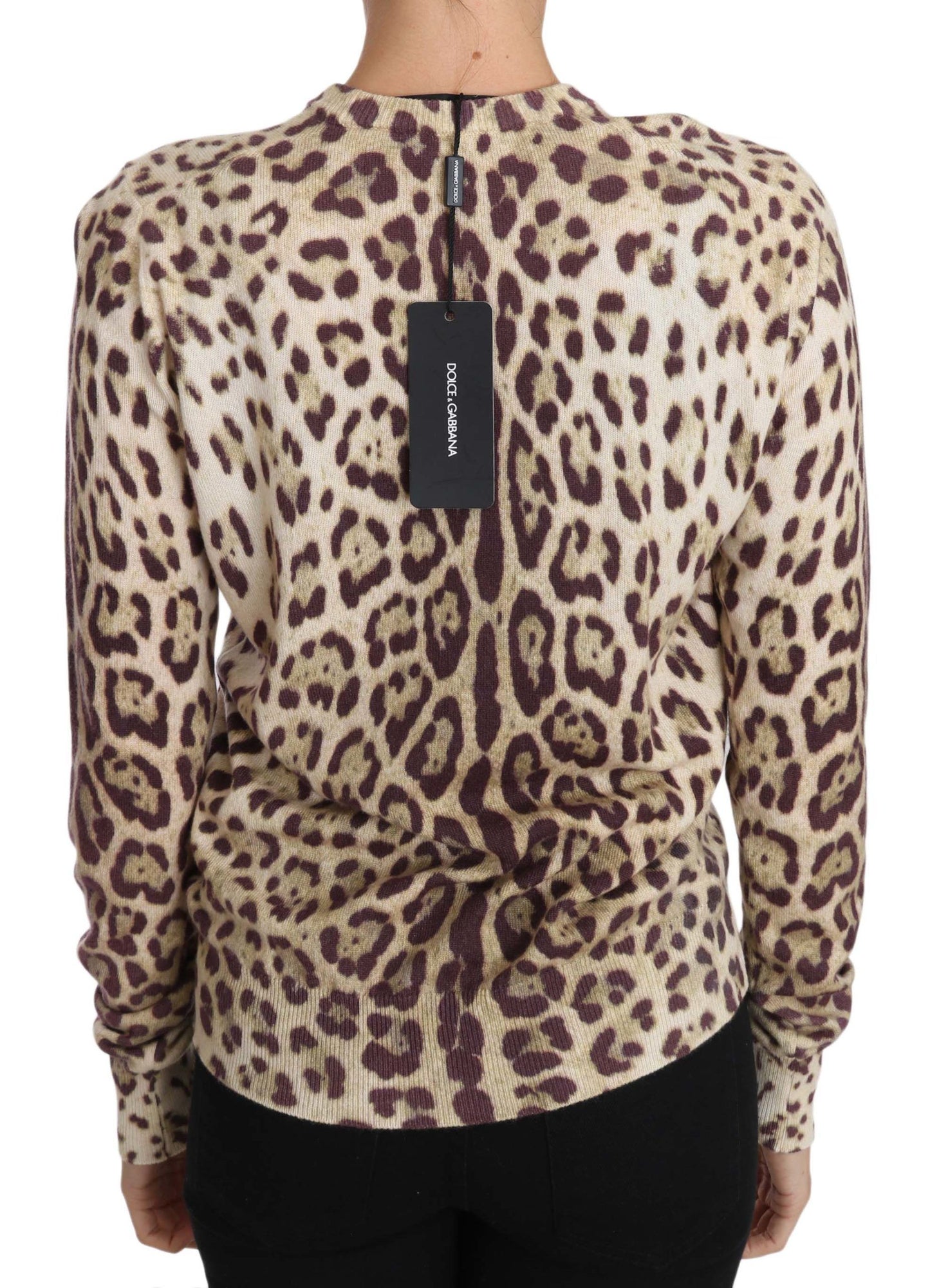 Elegant Leopard Print Crew Neck Cashmere Sweater