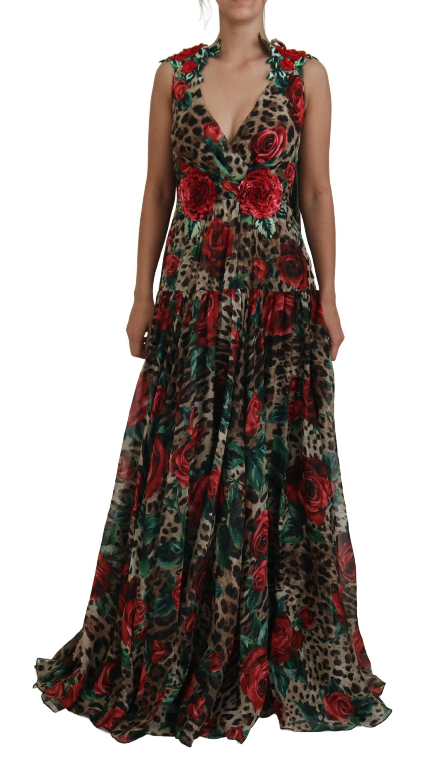 Elegant Silk A-Line Dress with Leopard and Rose Print