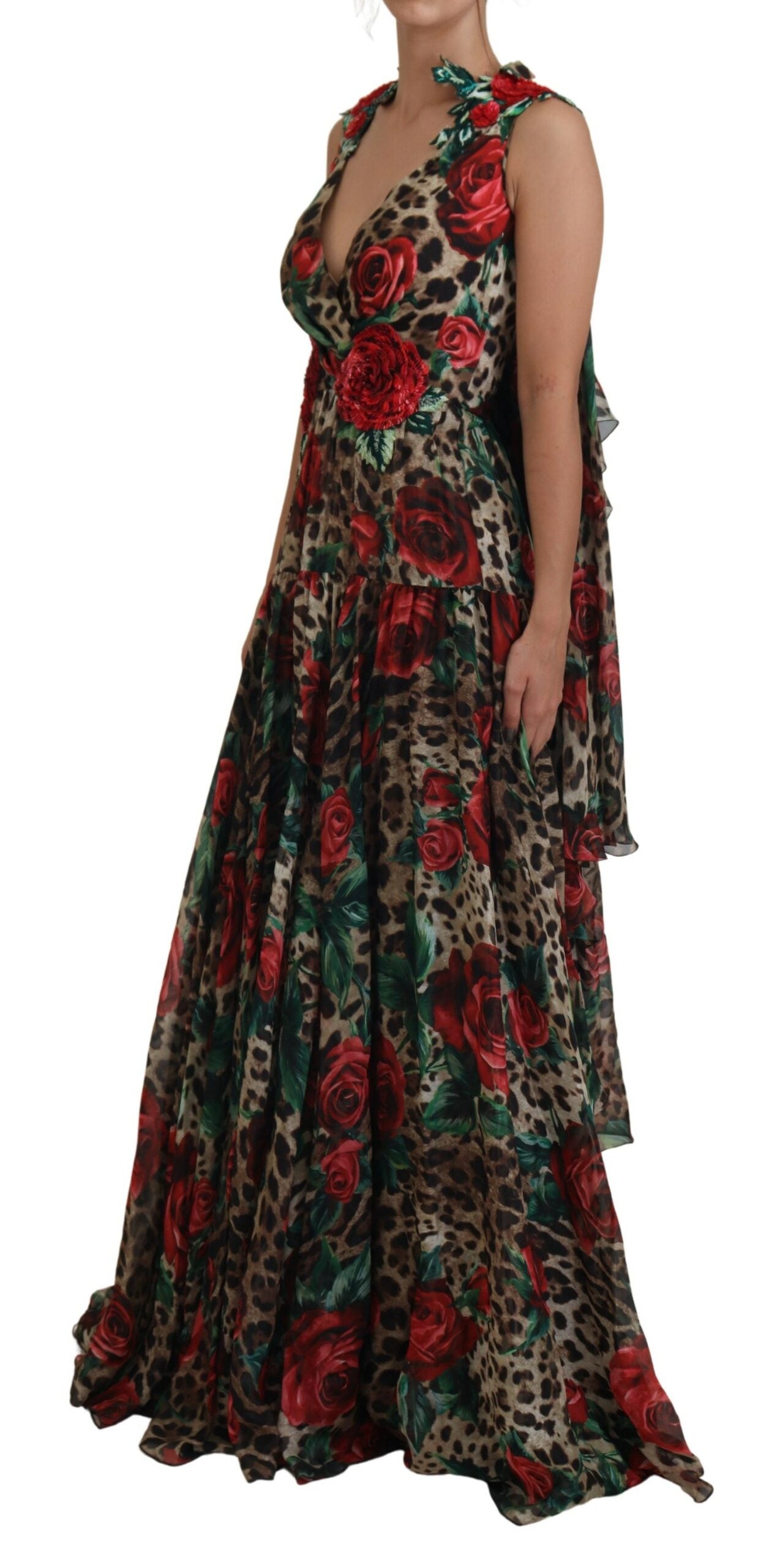 Elegant Silk A-Line Dress with Leopard and Rose Print