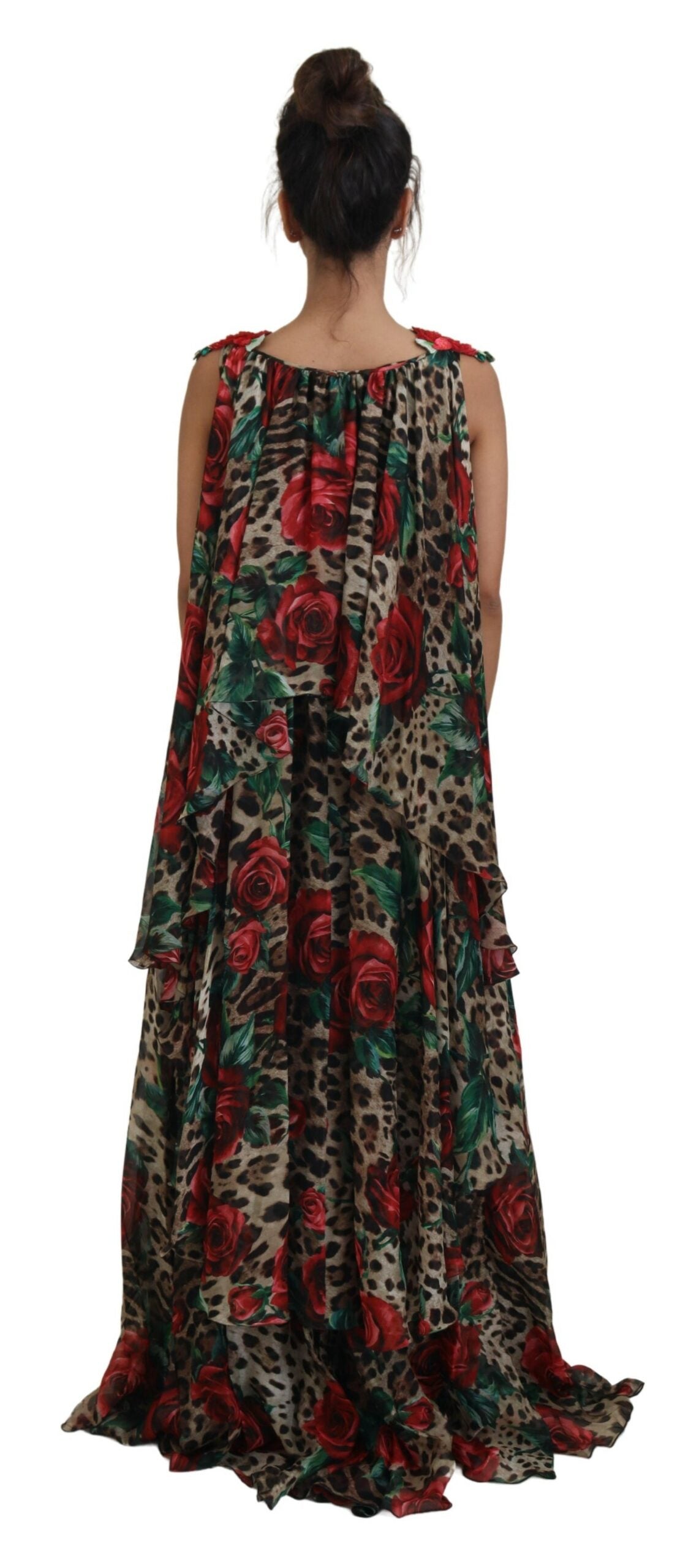 Elegant Silk A-Line Dress with Leopard and Rose Print