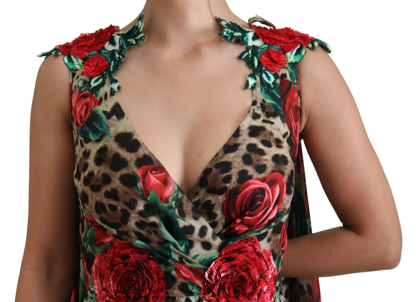 Elegant Silk A-Line Dress with Leopard and Rose Print