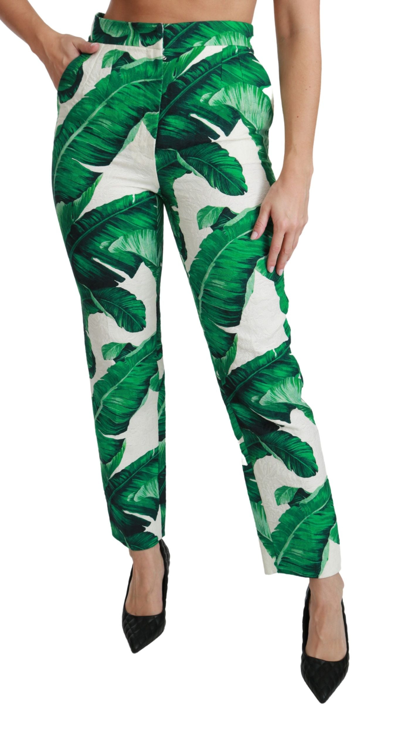 Elegant Green Brocade Pants with Banana Leaf Print