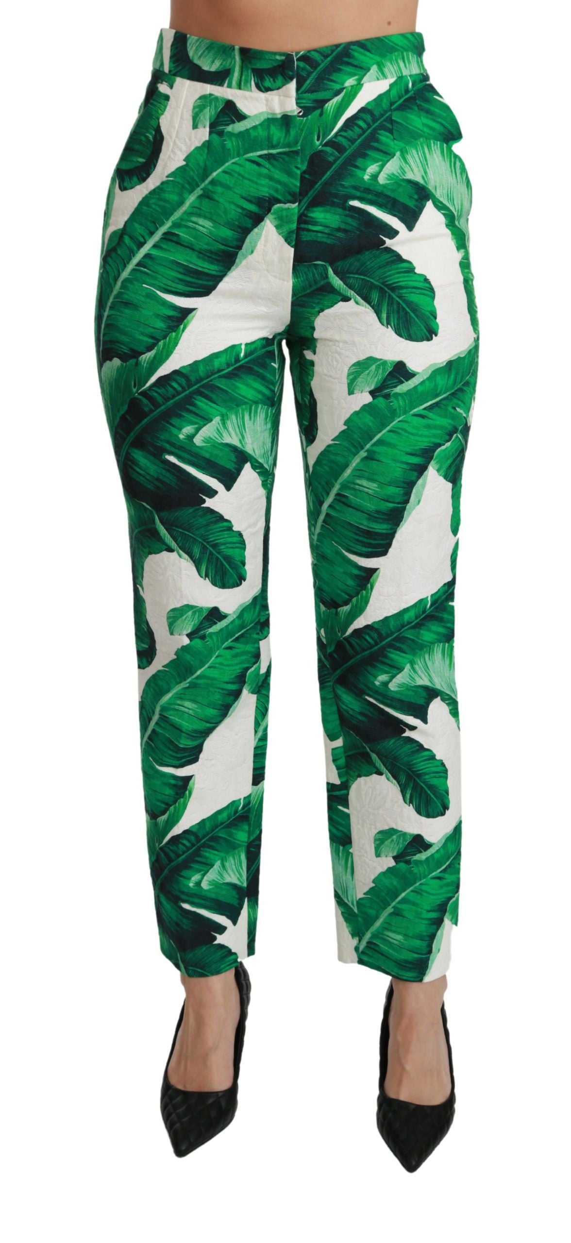 Elegant Green Brocade Pants with Banana Leaf Print