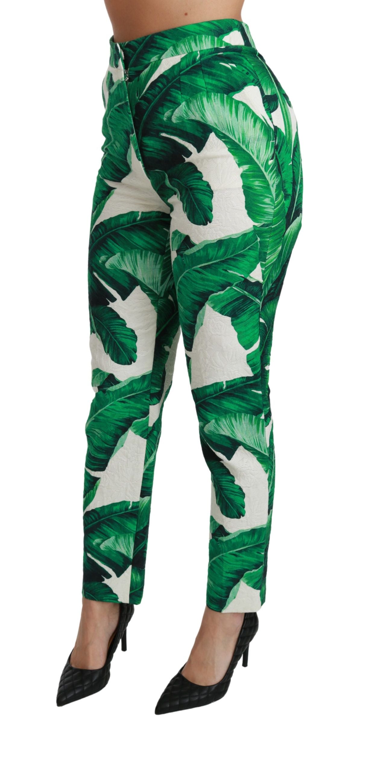 Elegant Green Brocade Pants with Banana Leaf Print