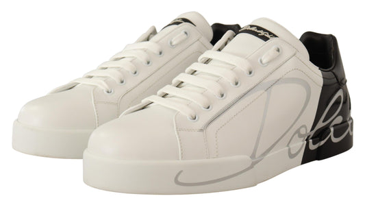 White Black Leather Logo Print Mens Sneakers Shoes