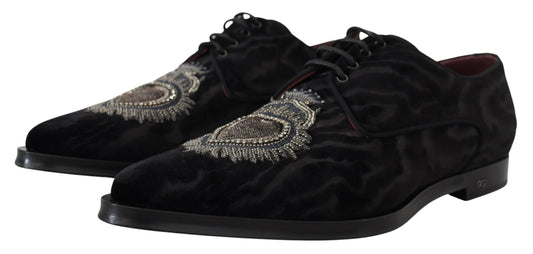 Elegant Black Derby Shoes with Heart Embroidery