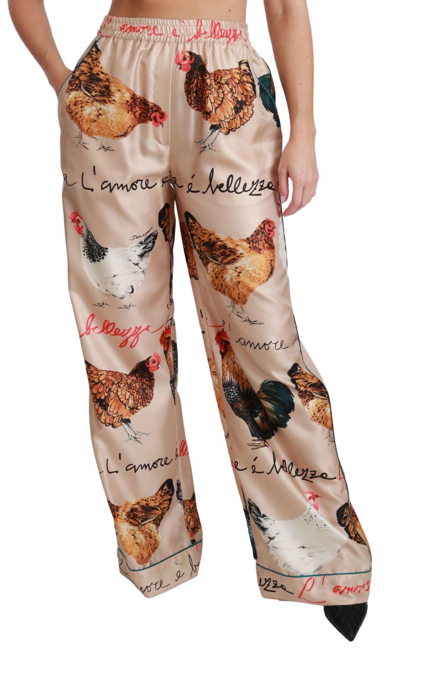 Chic Hen Chicken Print Silk Pants