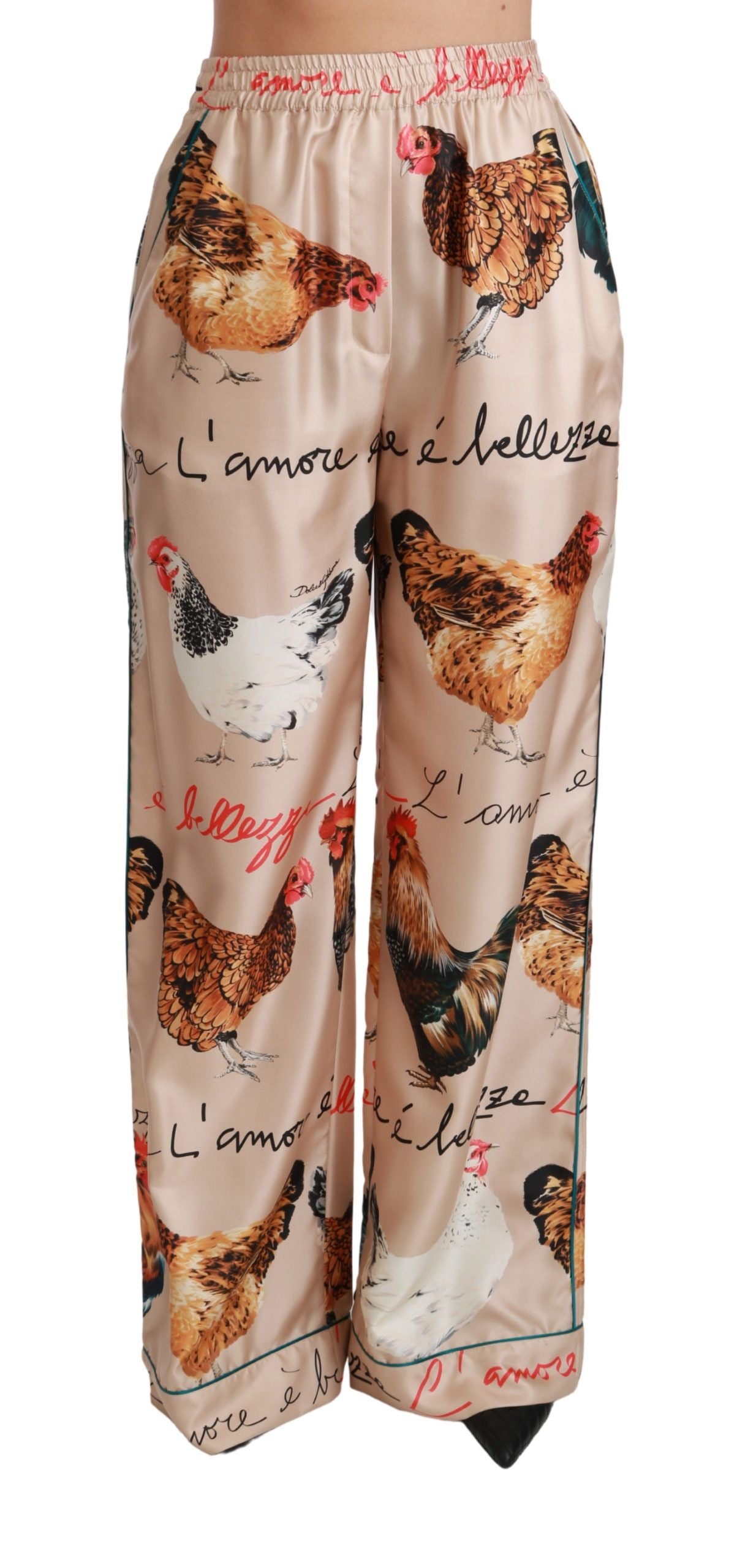 Chic Hen Chicken Print Silk Pants