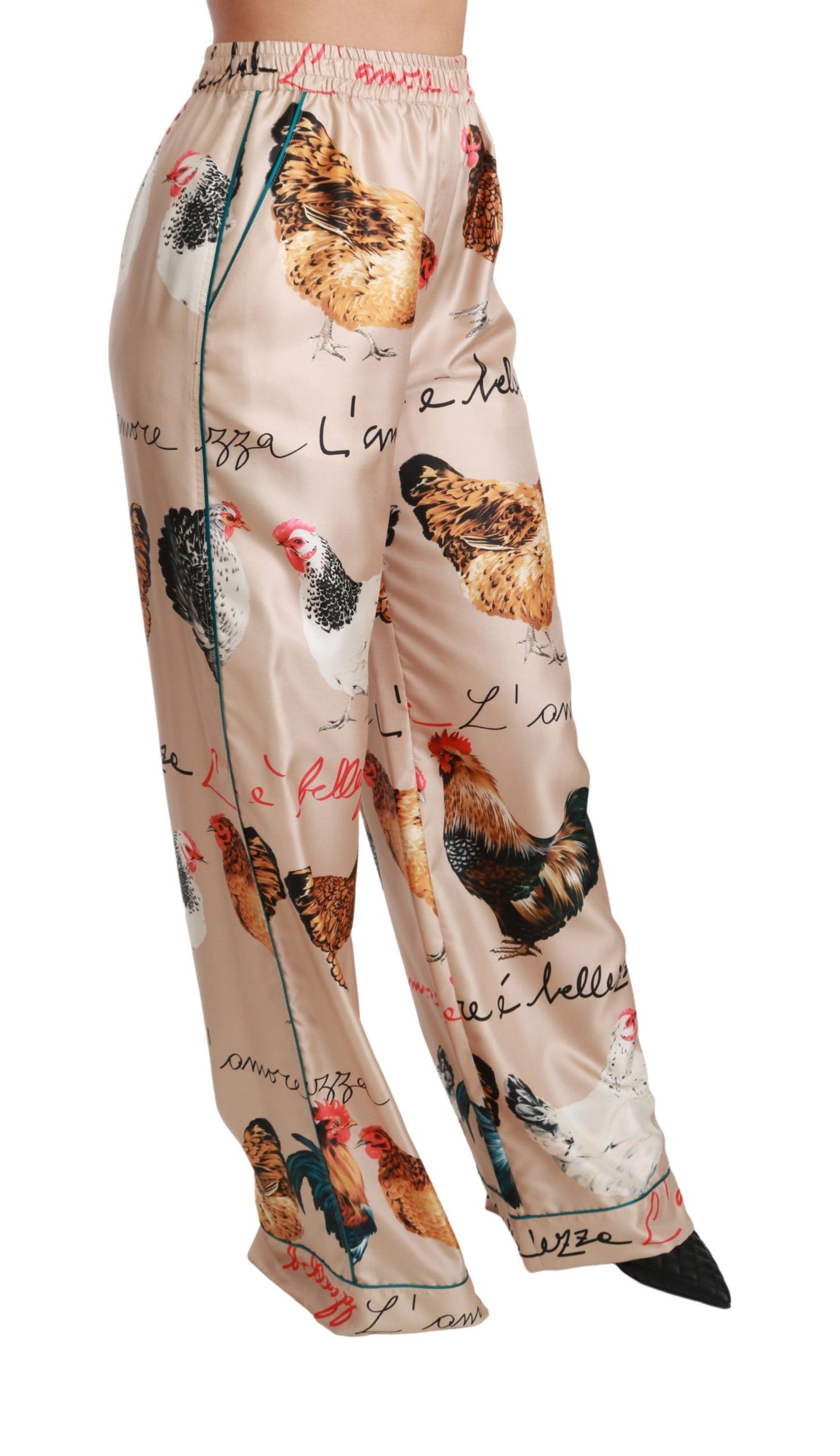 Chic Hen Chicken Print Silk Pants