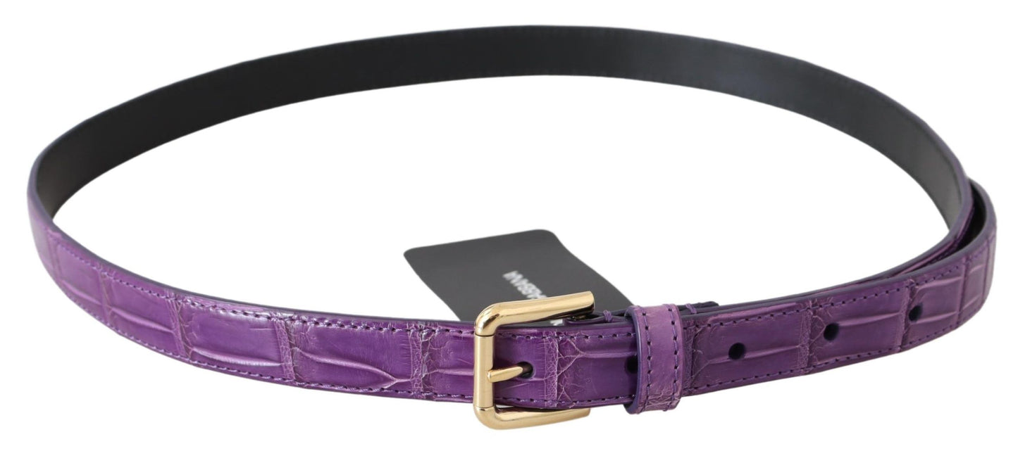 Elegant Purple Crocodile Leather Belt with Gold Buckle