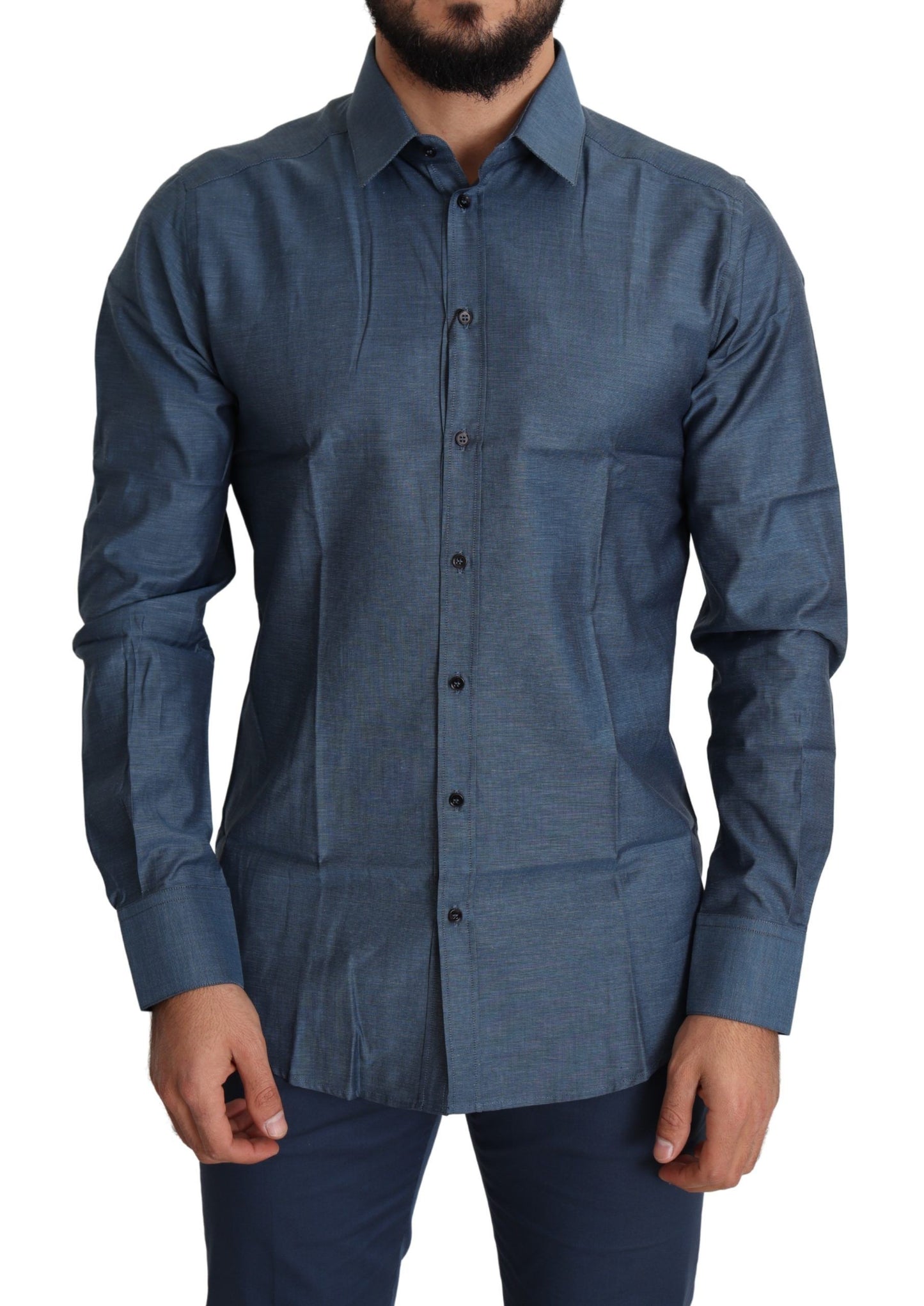 Elegant Slim Fit Blue Cotton Dress Shirt