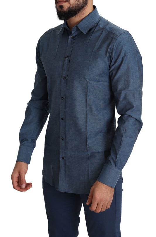 Elegant Slim Fit Blue Cotton Dress Shirt