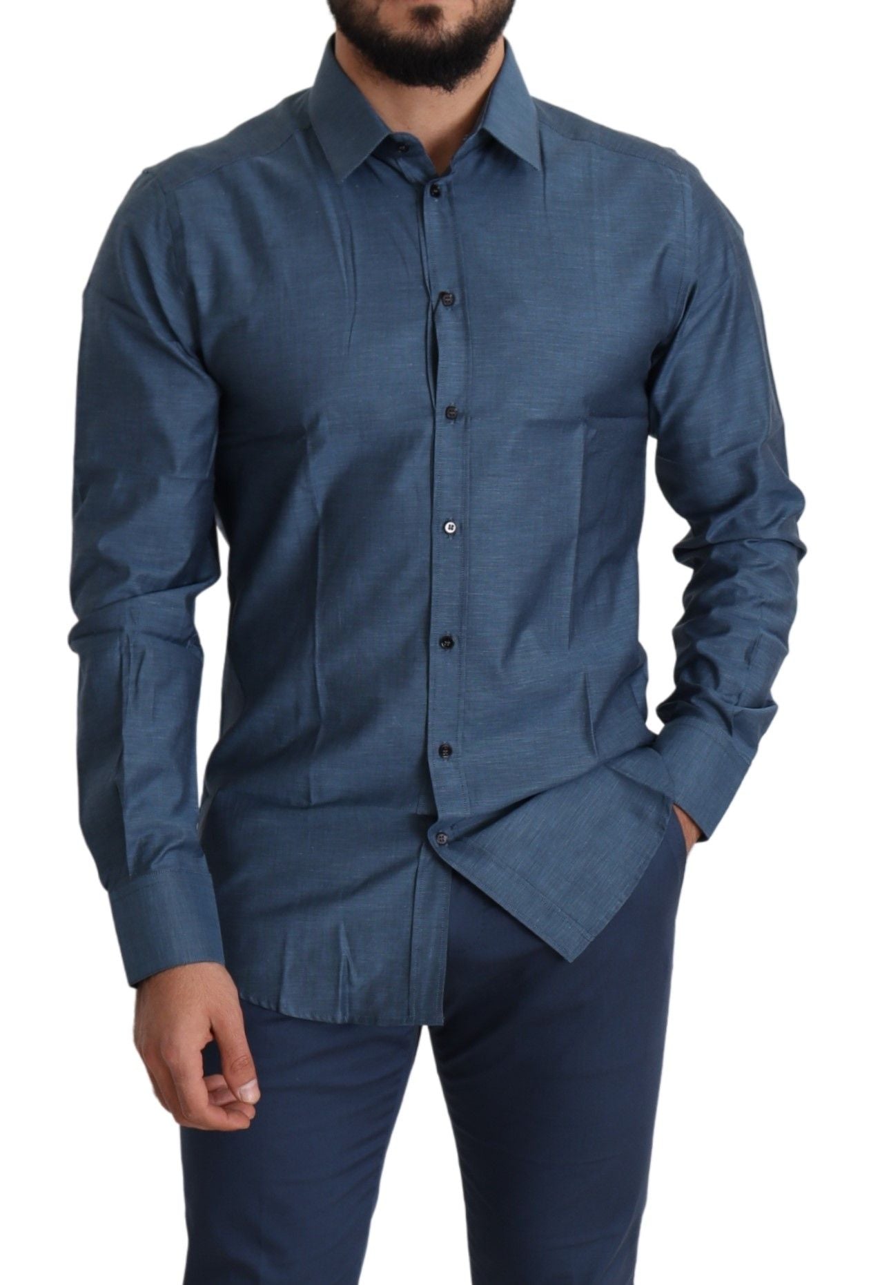 Elegant Slim Fit Blue Cotton Dress Shirt