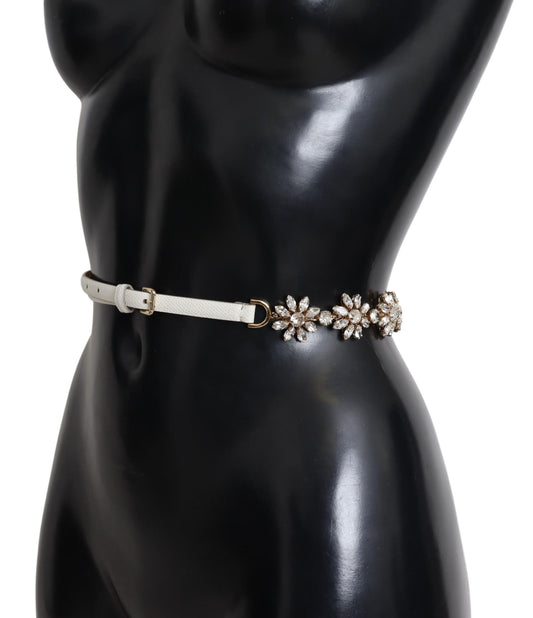 Crystal-Embellished White Leather Belt