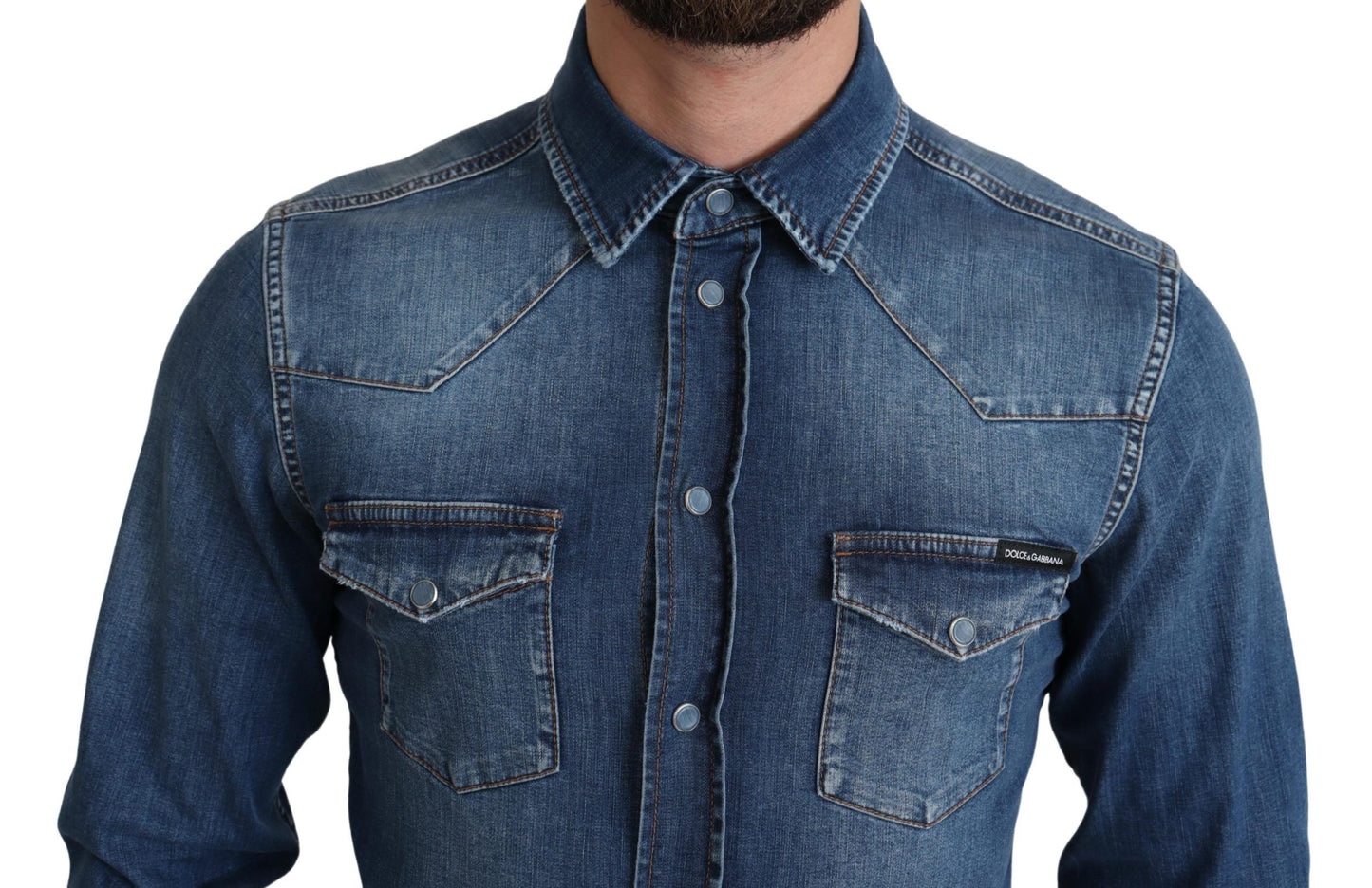 Blue Cotton Stretch Long Sleeves Denim Shirt