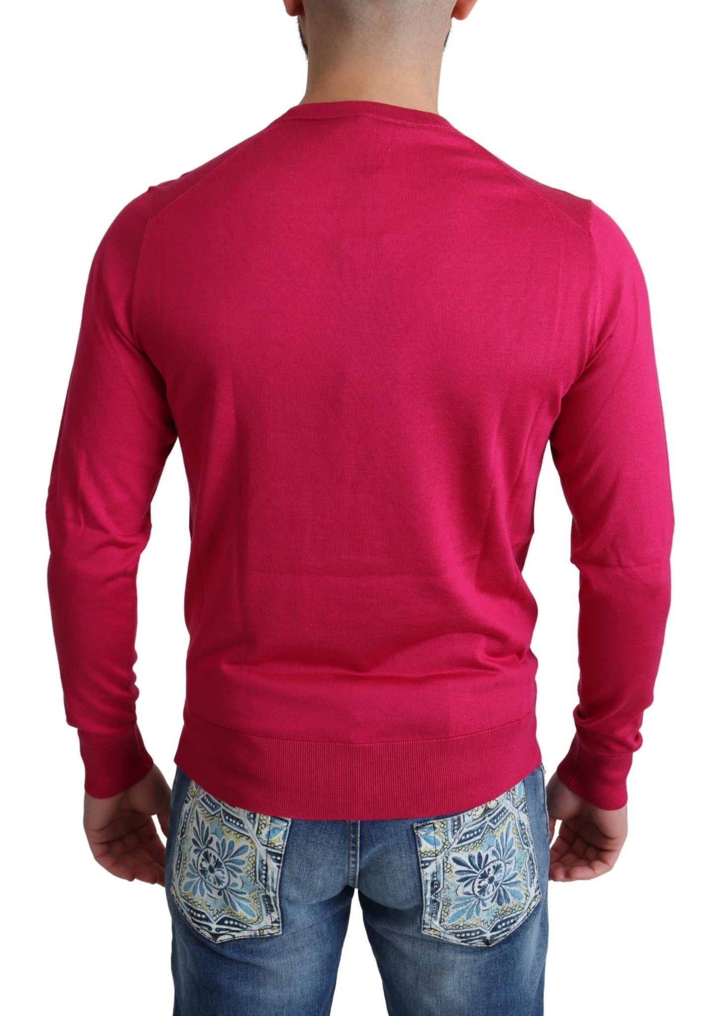 Elegant Pink Silk Crew-Neck Sweater