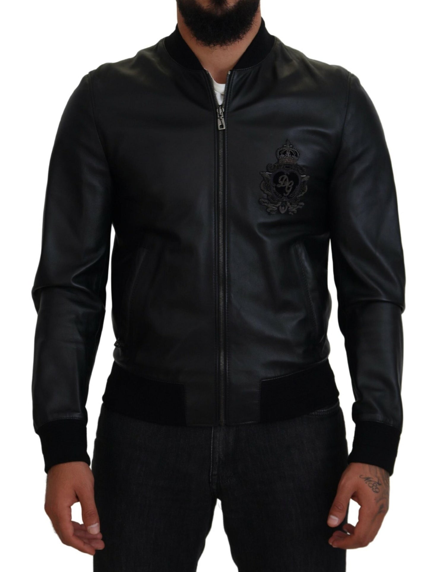 Elegant Black Leather Bomber Jacket