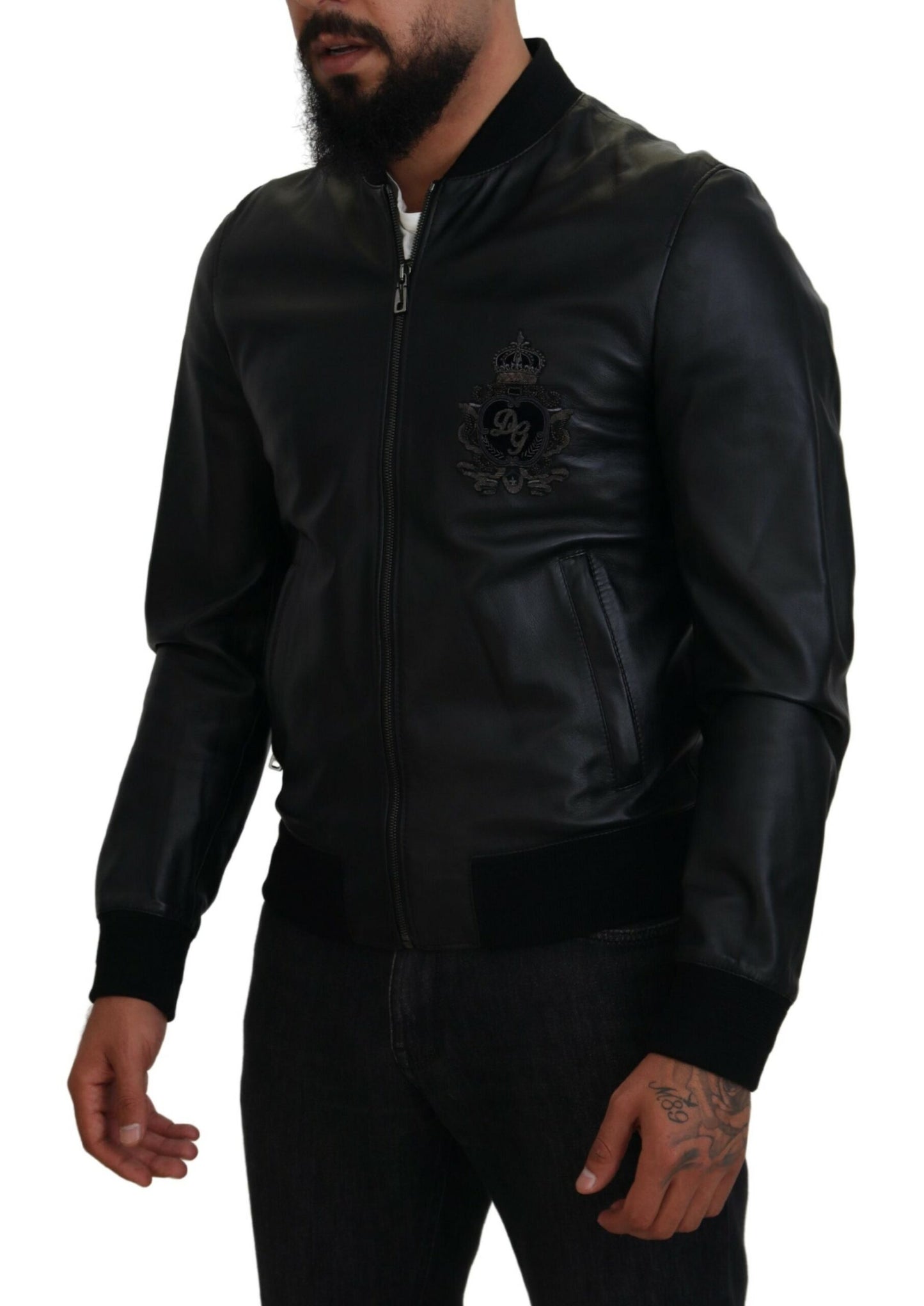 Elegant Black Leather Bomber Jacket