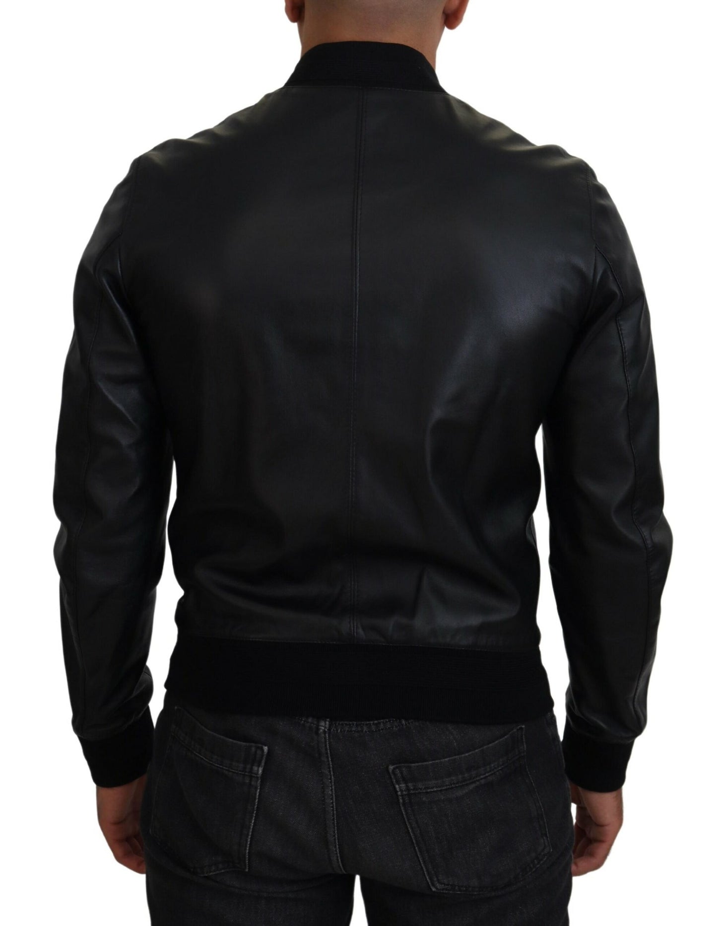 Elegant Black Leather Bomber Jacket