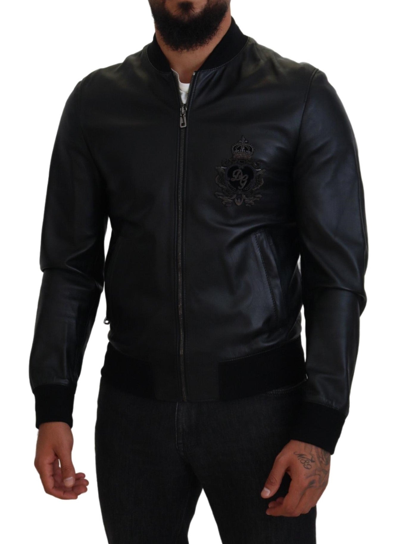 Elegant Black Leather Bomber Jacket