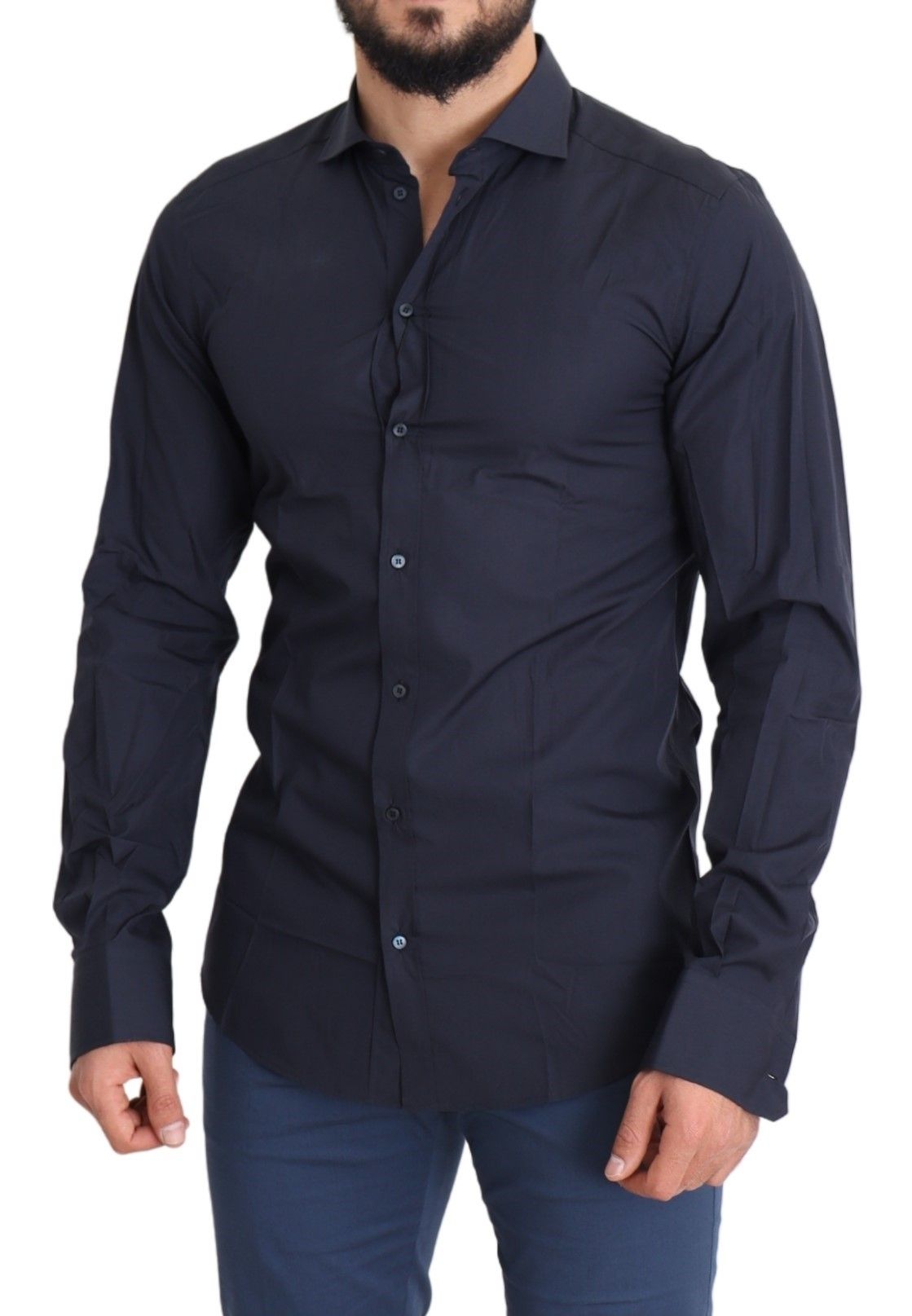 Elegant Navy Blue Slim Fit Dress Shirt