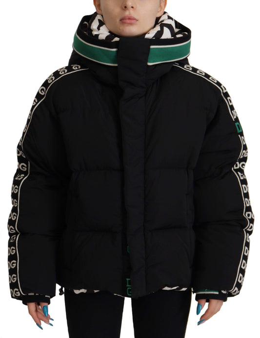 Elegant Black Puffer Jacket with Knit Logo Details