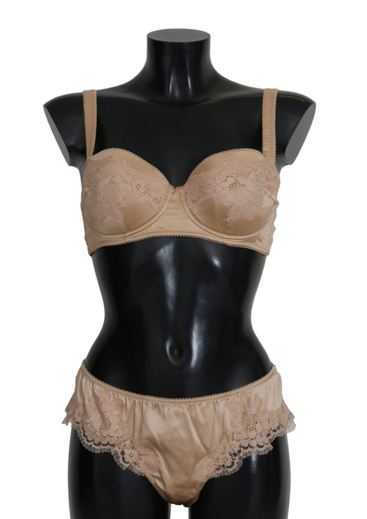 Elegant Beige Floral Silk Lingerie Set